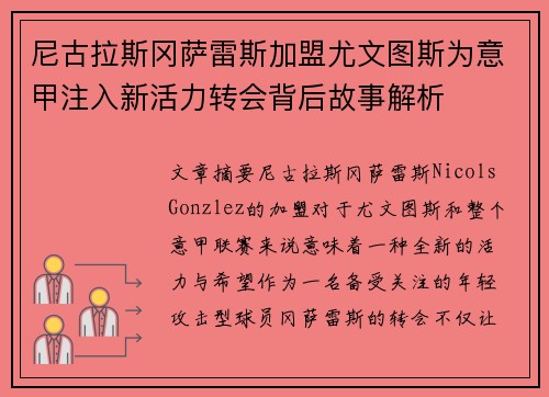 尼古拉斯冈萨雷斯加盟尤文图斯为意甲注入新活力转会背后故事解析